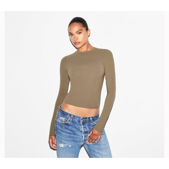 SKIMS COTTON JERSEY LONG SLEEVE T-SHIRT truffle - Picture 1 of 4